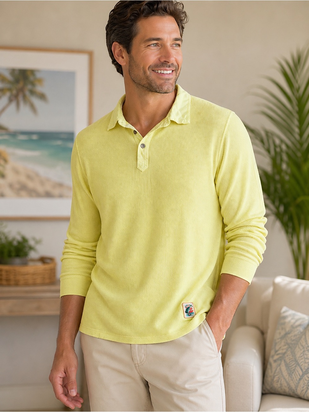 Tommy Bahama Waffle Knit Henley Shirt L Yellow Green Trim Long Sleeve